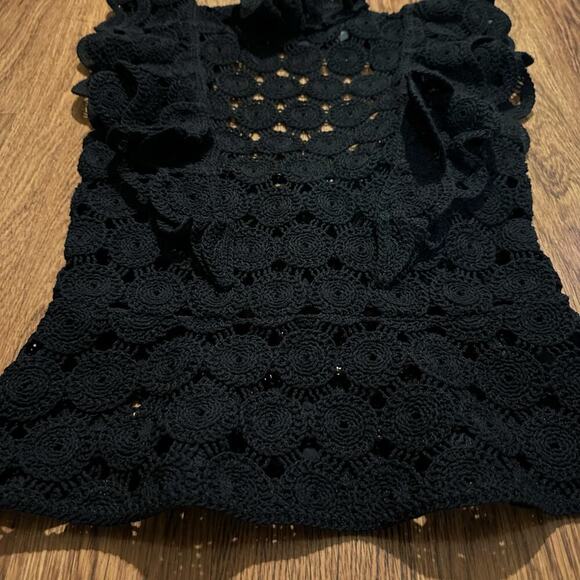 H&M black crochet mock neck floral open back sheer top XS short sleeve - Picture 5 of 12